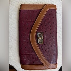 Burgundy and Tan Clutch with Silver Accent